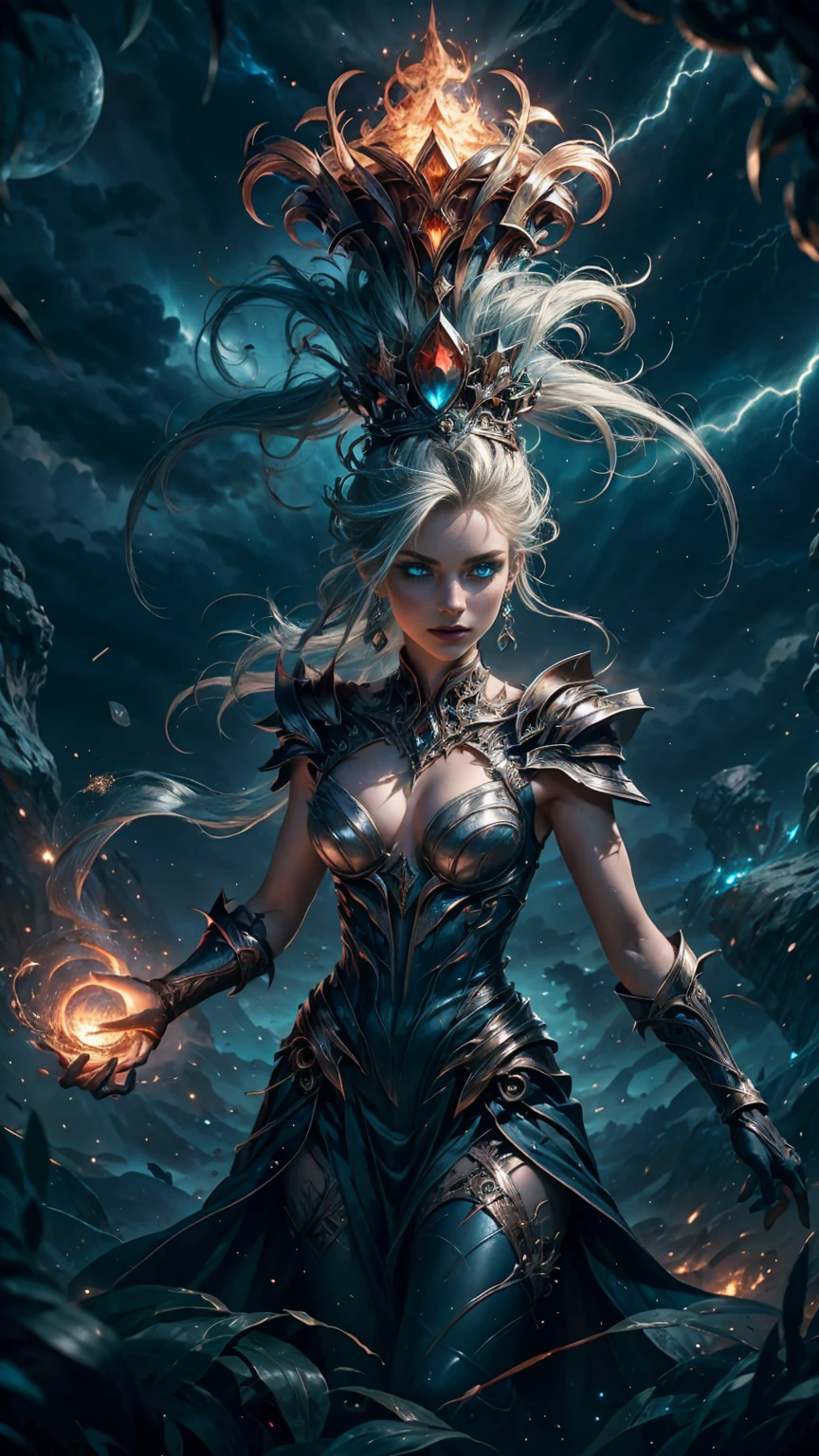 High view, high angle of camera, A beautiful and sexy goddess of storm, hyperrealistic. flying through a dark lightning storm, showcasing the fiery silver hair and thin Crown made of dazzling rays., dark make up, silver ornament. Every space and build in the landscape is meticulously rendered, from the most dangerous and terrifying storm, creating a visually stunning and immersive world. The overall effect is a magnificent mix of fantasy, caos and storm,. close-up, fine quality cyan eyes, fiery cyan eyes without sclera, lightning eyes, ultra detailed, Beautiful and aesthetically pleasing, masterpiece, Best quality score, Extremely detailed, raytraced, full body, close up, high view, particles and hard lights, angulo picado.