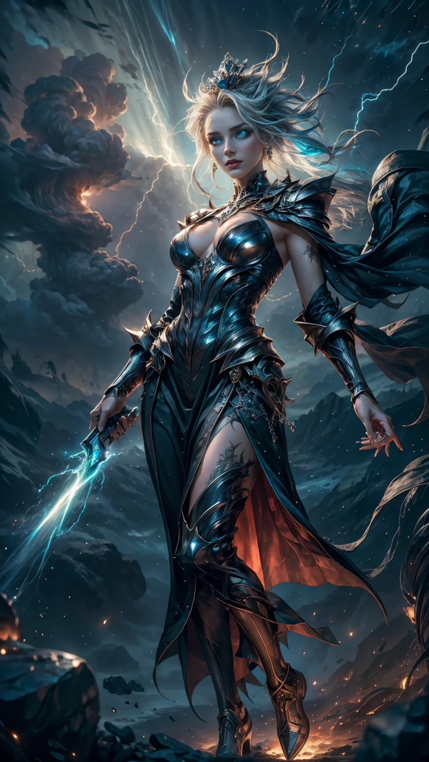 High view, high angle of camera, A beautiful and sexy goddess of storm, hyperrealistic. flying through a dark lightning storm, showcasing the fiery silver hair and thin Crown made of dazzling rays., dark make up, silver ornament. Every space and build in the landscape is meticulously rendered, from the most dangerous and terrifying storm, creating a visually stunning and immersive world. The overall effect is a magnificent mix of fantasy, caos and storm,. close-up, fine quality cyan eyes, fiery cyan eyes without sclera, lightning eyes, ultra detailed, Beautiful and aesthetically pleasing, masterpiece, Best quality score, Extremely detailed, raytraced, full body, close up, high view, particles and hard lights, angulo picado.