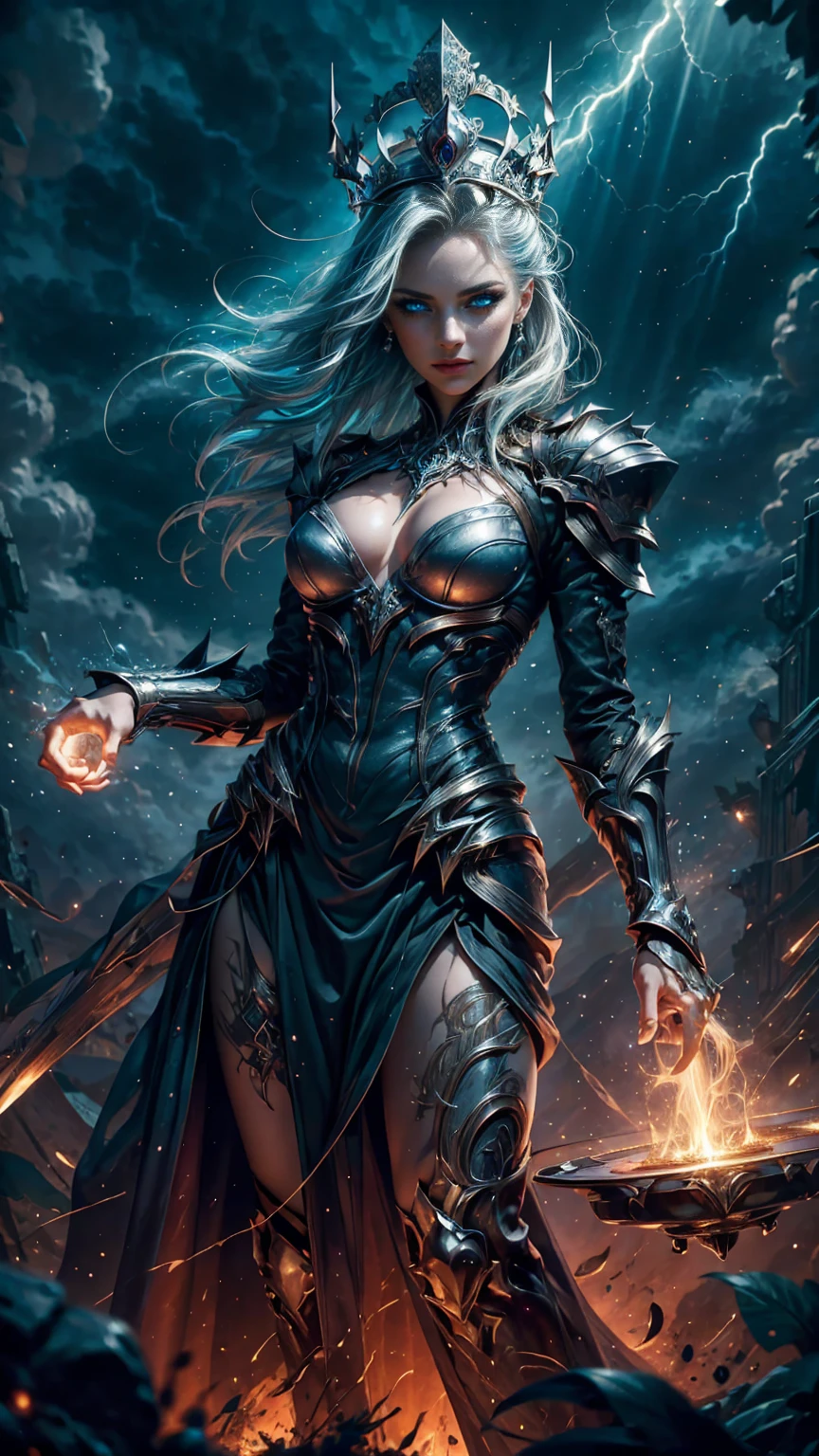 High view, high angle of camera, A beautiful and sexy goddess of storm, hyperrealistic. flying through a dark lightning storm, showcasing the fiery silver hair and thin Crown made of dazzling rays., dark make up, silver ornament. Every space and build in the landscape is meticulously rendered, from the most dangerous and terrifying storm, creating a visually stunning and immersive world. The overall effect is a magnificent mix of fantasy, caos and storm,. close-up, fine quality cyan eyes, fiery cyan eyes without sclera, lightning eyes, ultra detailed, Beautiful and aesthetically pleasing, masterpiece, Best quality score, Extremely detailed, raytraced, full body, close up, high view, particles and hard lights, angulo picado.