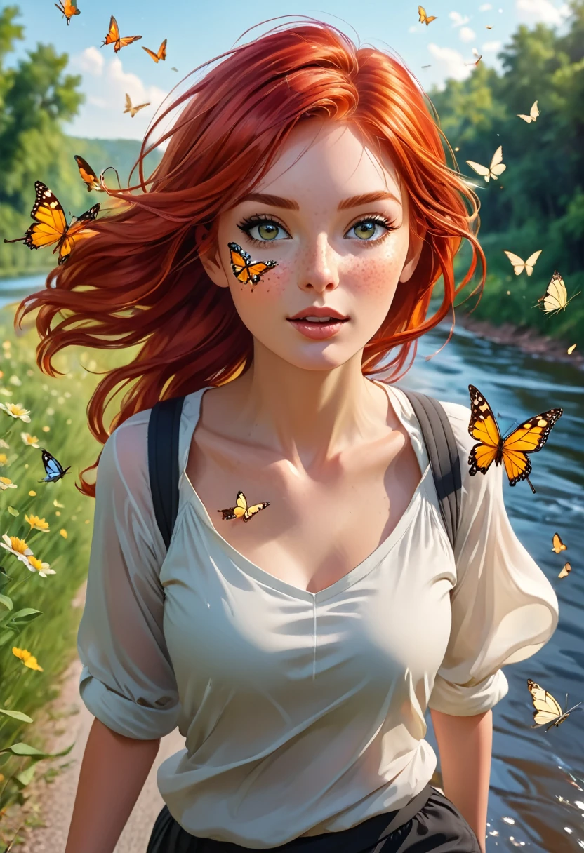 a beautiful girl with a beautiful face, with red hair, runs along the road along the river, butterflies fly around