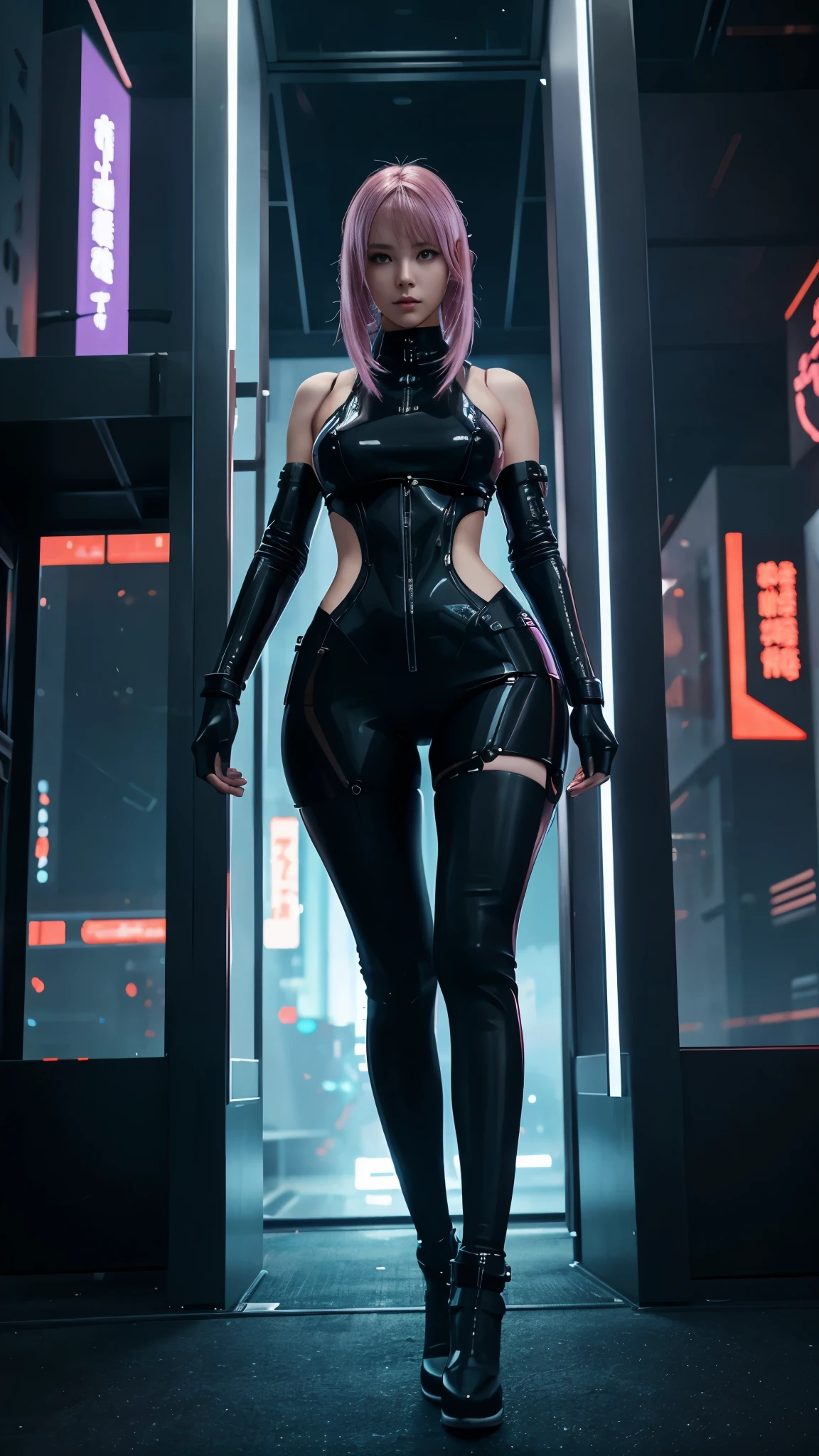 A captivating visual presentation of a futuristic cyberpunk anime girl adorns the image。The girl、Accentuates a slender yet curvaceous figure、Accentuate your hourglass figure、She's decked out in sleek, metallic, futuristic clothing.。Wearing cute cat ears and modern headphones、Reflects a futuristic character and cyber-influenced lifestyle。 The sharp eyes that sparkle beneath the cat ears、Her expression is dreamy yet determined.。Cat-like slit pupils、Digitally inspired vibrant blue eye background、It adds more intensity to her gaze.。Her Cybernetic