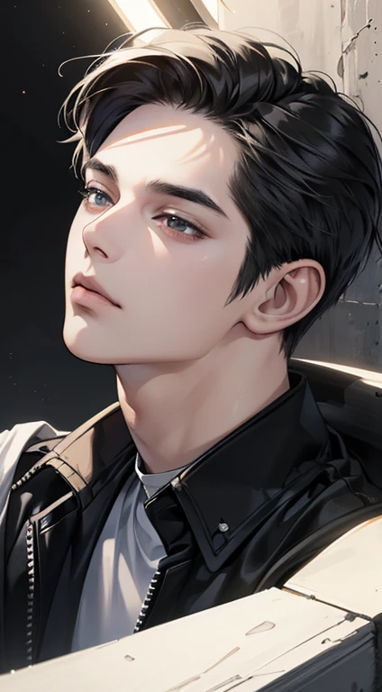 (best quality digital art digital illustration 4k high resolution beautiful image hyperdetailed image perfect lines dark lighting Wallpaper) (1:1 photorealistic) (neutral colors hdr 1.4) (anime style) an adult 25 year old man (expressionless perfect detailed face) medium black hair modern clothes dystopia