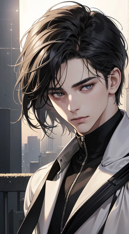 (best quality digital art digital illustration 4k high resolution beautiful image hyperdetailed image perfect lines dark lighting Wallpaper) (1:1 photorealistic) (neutral colors hdr 1.4) (anime style) an adult 25 year old man (expressionless perfect detailed face) medium black hair modern clothes dystopia