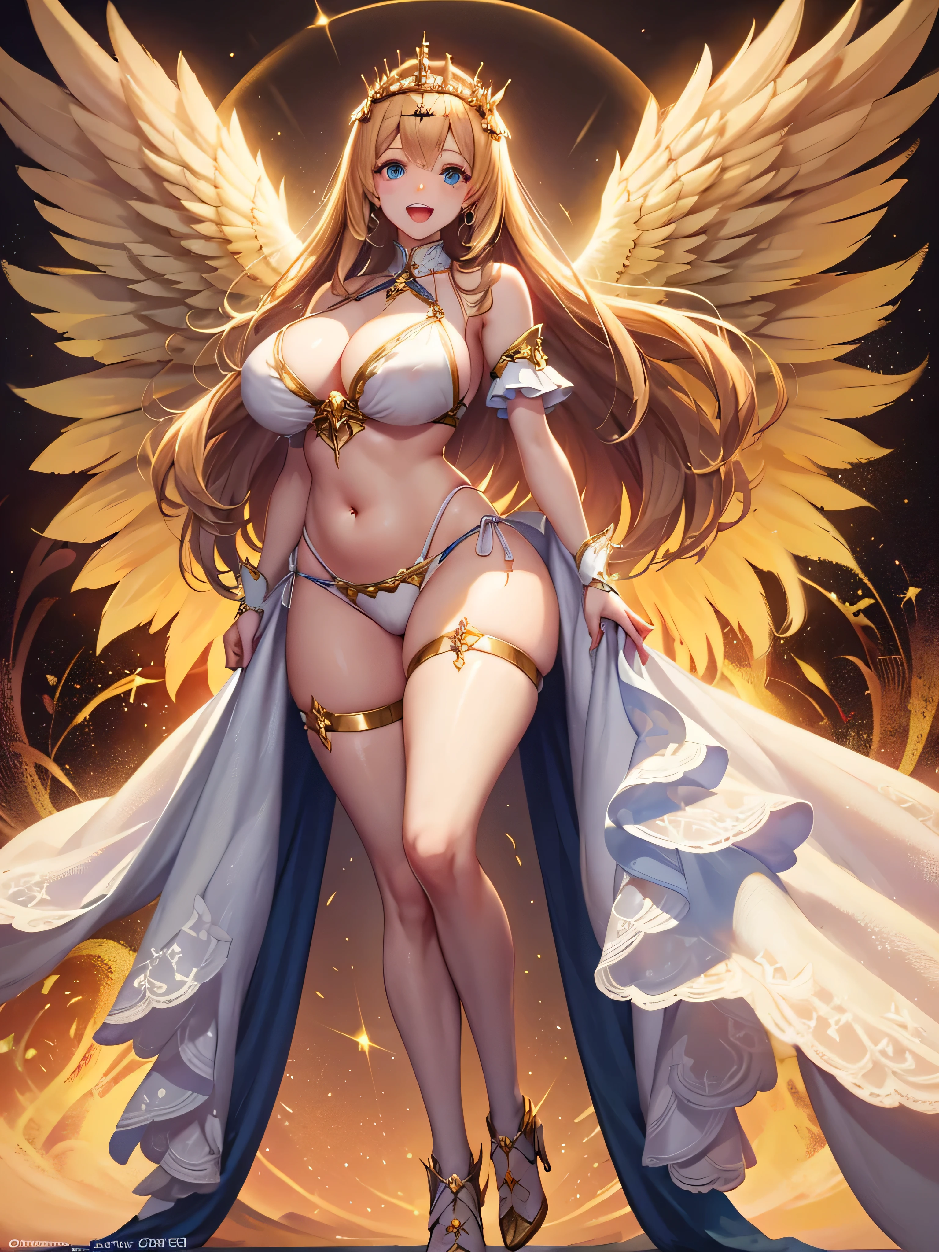 最high quality, high quality, 8K、High resolution,Highest quality、solo、胸に翼のある白いビキニ姿のtallのadult female angel、Very beautiful proportions、belly button、Thighs、tall、Adult woman in a white bikini, Archangel Style、super Wild Angel, A happy open-mouthed smile、Thighs、Naturally Shaped Fingers、Long neck、from the front、Looking at each other, our eyes met、belly button、Blonde hair and blue eyes、Majestic Angel, Anime Goddess, Wild Angel, thick, Beautiful and attractive anime woman, Huge and stunning goddess shots, Angel Adult Woman, adult female angel, She has angel wings on her back,Highly detailed goddess shot