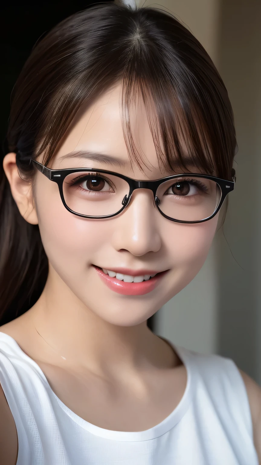 1 female,solo, Face close-up, (Photo realistic:1.4), (hyper Realistic:1.4), (Realistic:1.3), (Smooth lighting:1.05), (Improve the quality of your video lighting:0.9), 20-year-old girl, Realistic lighting, Backlight, (Cheerfulness:1.2), (Improved image quality:1.4), (debtinest Real Textured Skins), I narrowed my eyes., Super Fine Face, smile, double eyelid, Face close-up, Gravure idol pose, Blushing, Glowing Skin, Selfie, Ray Tracing, reflected light, debt/1.2, 135mm, Nikon, Debtdebt, Debtdebt, retina, Anatomically correct, Accurate, Super detailed, Textured skin, high quality, Attention to detail, 最high quality, High resolution, 1080p, ((Glasses with narrow edges))