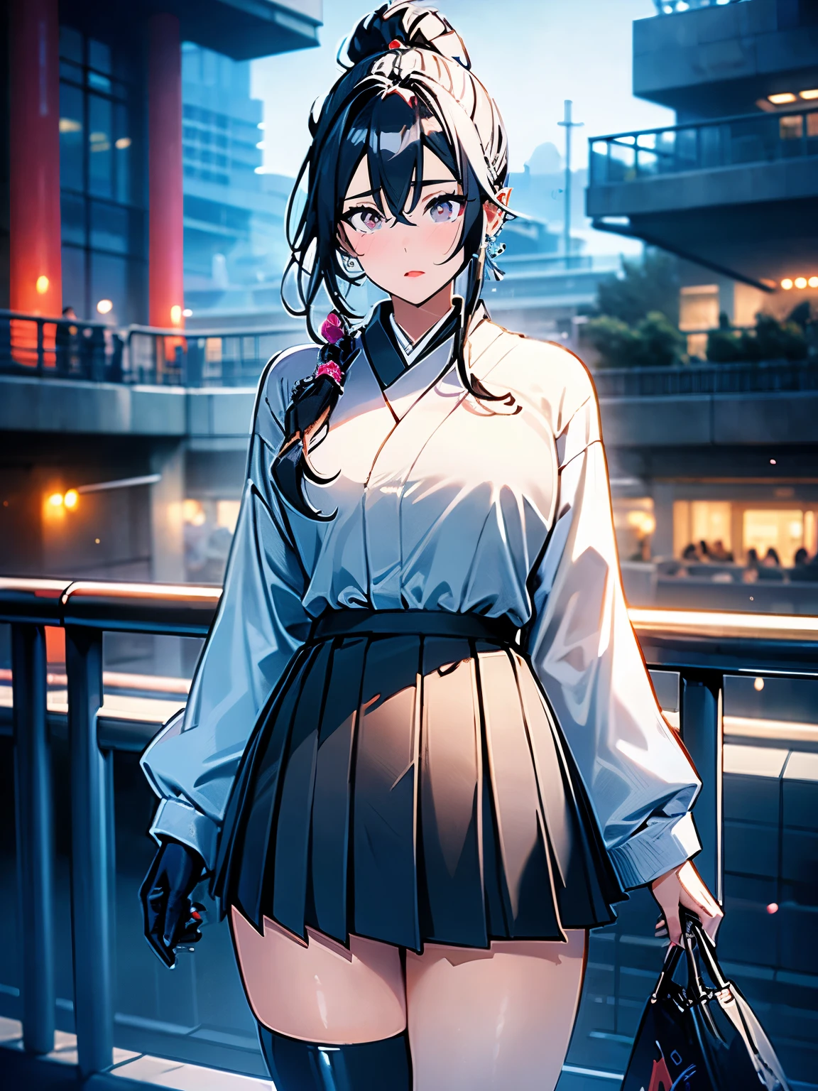 beautiful, alone, 1 chubby woman, long hair tied in a ponytail, black hair, blue highlights at the ends of her hair, silver eyes (detailed eyes), determined look, embarrassed expression, red lips (perfect lips), wide hips, thick leg, black leather kimono, pleated skirt, long fur jacket, futuristic, cyberpunk, cinematic angle, cinematic lighting, artwork, best quality, nsfw,