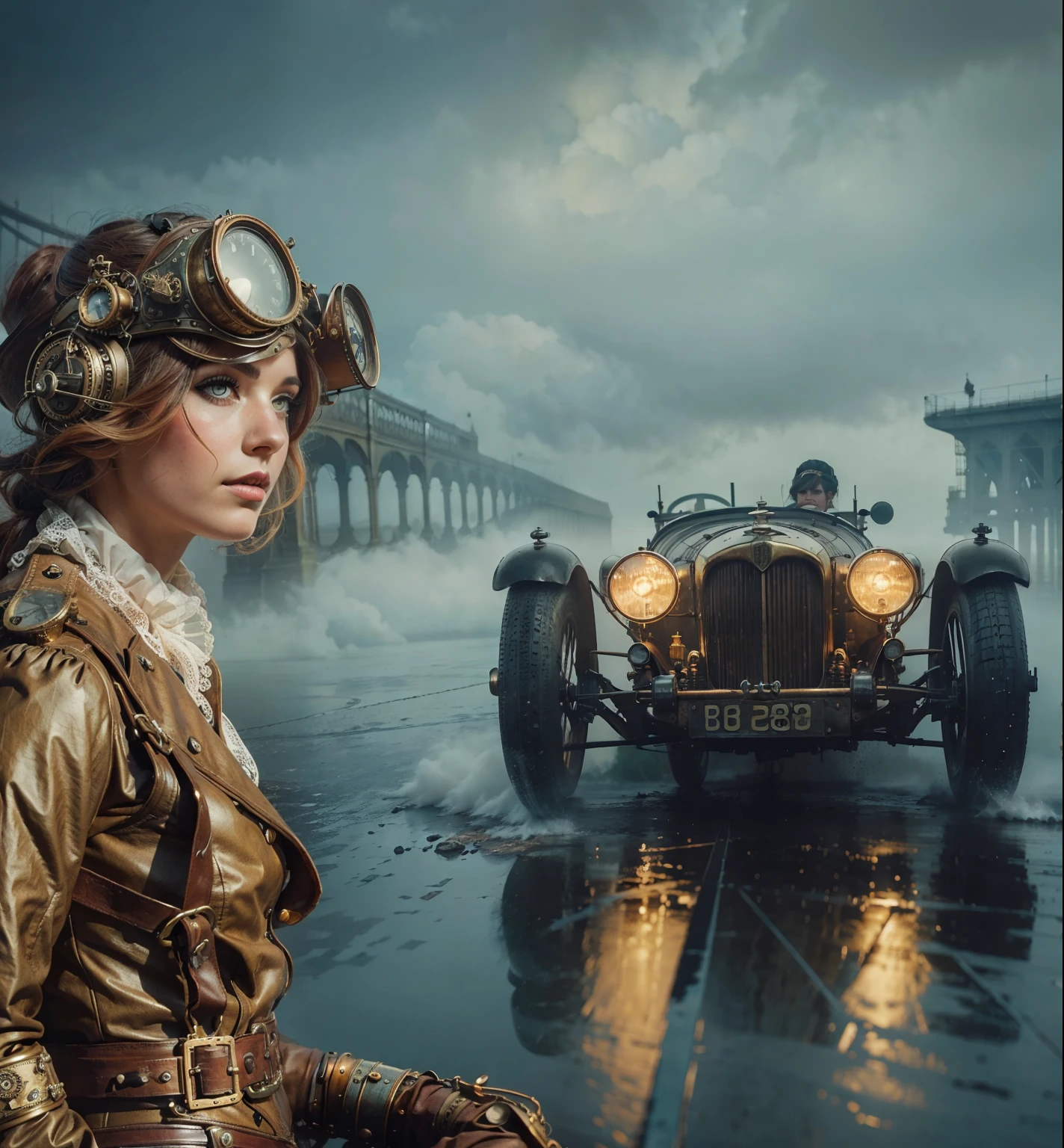 A beautiful and adorable steampunk woman in front of a Steampunk vintage car in a steampunk wet and fog race track London 1890 in the sky the zeppelins flying like ghost figures among the clouds and fog