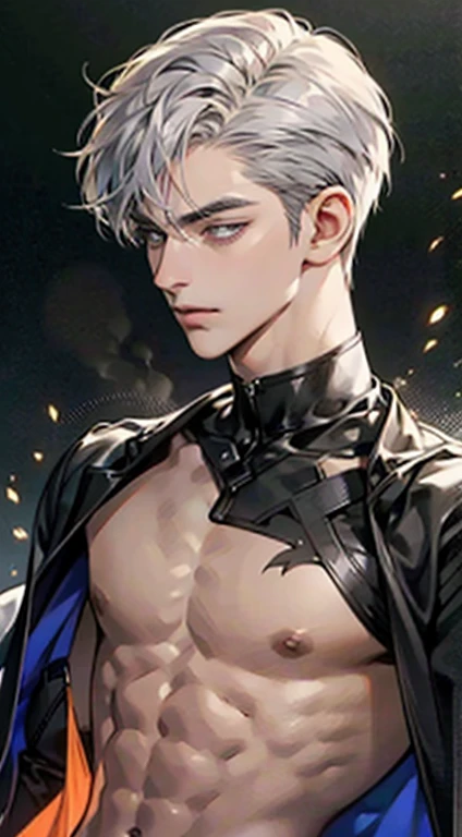 4K, high resolution, Best quality, Masterpiece, perfect colors, perfectly shaded, Perfect lighting, posted on e621, (by Chunie), anthro, ((Portrait)), ((Handsome man)), perfect male figure, short detailed hair,Wear men's shorts,Abusculature,chest muscle,Abs,Naked upper body,Detailed face, Perfect face, (The stands up), Detailed background, ((Bonifasko lighting)), (Detailed eyes), perfect pupils,((Silver-gray skin))
