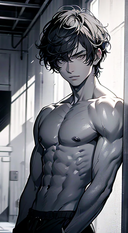 4K, high resolution, Best quality, Masterpiece, perfect colors, perfectly shaded, Perfect lighting, posted on e621, (by Chunie), anthro, ((Portrait)), ((Handsome man)), perfect male figure, short detailed hair,Wear men's shorts,Abusculature,chest muscle,Abs,Naked upper body,Detailed face, Perfect face, (The stands up), Detailed background, ((Bonifasko lighting)), (Detailed eyes), perfect pupils,((Silver-gray skin))