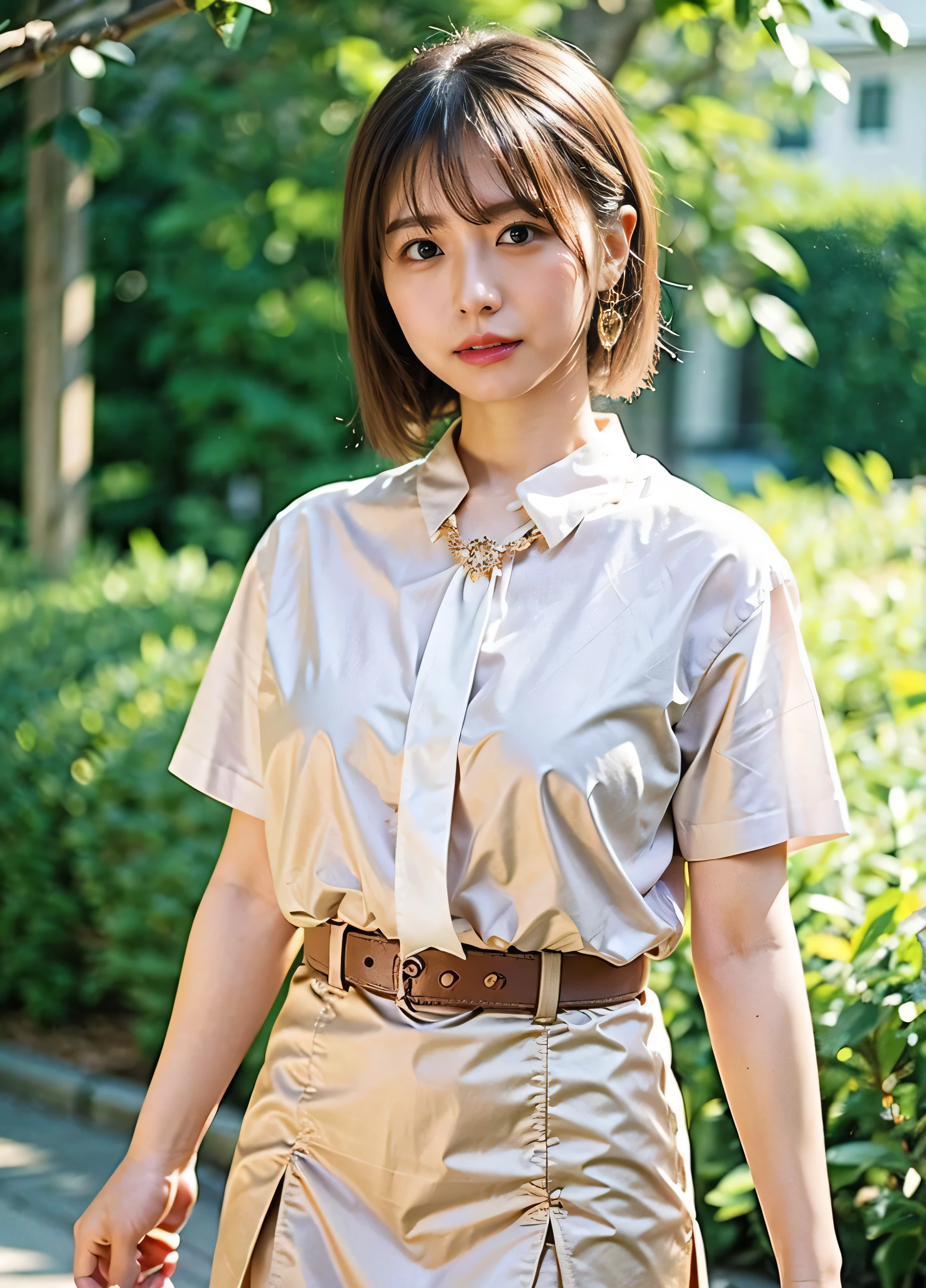 Outdoor Shot、Cute clothes、Tie your hair up、cream hair color、Leather Belt、Her huge breasts are obvious even from her clothes.、Small earrings、Light brown hair color、Tie your hair up:1.4））、Shiny Hair、Light beige hair color、Background Blur、Braid only the front hair、Light brown hair、｛｛Cowgirl Shot｝｝、（（Close-up shot from the waist up、Big Breasts:1.4））、Big Breasts、Smile、Silk clothing、Big Breasts that can be seen even through clothes、Braid only the front hair、Cowboy Shot、A luxurious white collared silk shirt and brown skirt、Elegant attire、Luxury Bags、A lovely smile、（（Skimpy clothing））、Full body photo、ring、Short skirt、Tuck your hair behind one ear、Silver Necklace、smile、 Elegant ponytail、Caustics、Highly detailed photos、Very beautiful and ideal short hair、Big Breasts、Super no makeup、(8k、RAW Photos、highest quality、masterpiece:1.2)、(Realistic、Realistic)、1 girl、((Big Breastedium Short Hair、Looking into the camera:1.4))、Hair blowing in the wind
