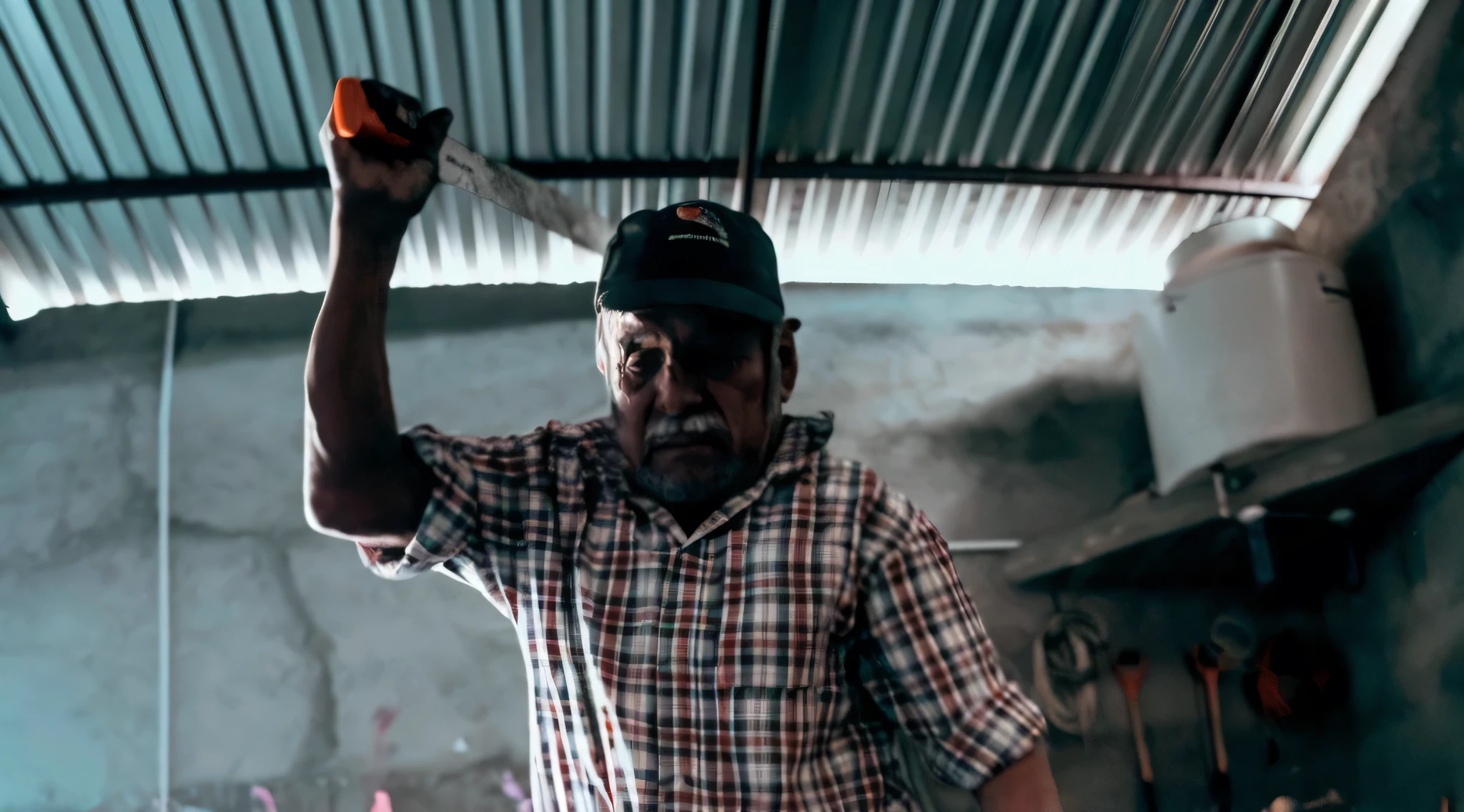 hay un hombre sosteniendo un cuchillo en la mano en la cocina, blandiendo machete, Hombre sosteniendo la lanza, by Alexander Obregon, Man with a scythe, by Matteo Pérez, Combate cuerpo a cuerpo con machete, the herrero, mexico, Gran carnicero posando aterradoramente, by Julius Gonzalez, por Jakob Gauermann, herrero