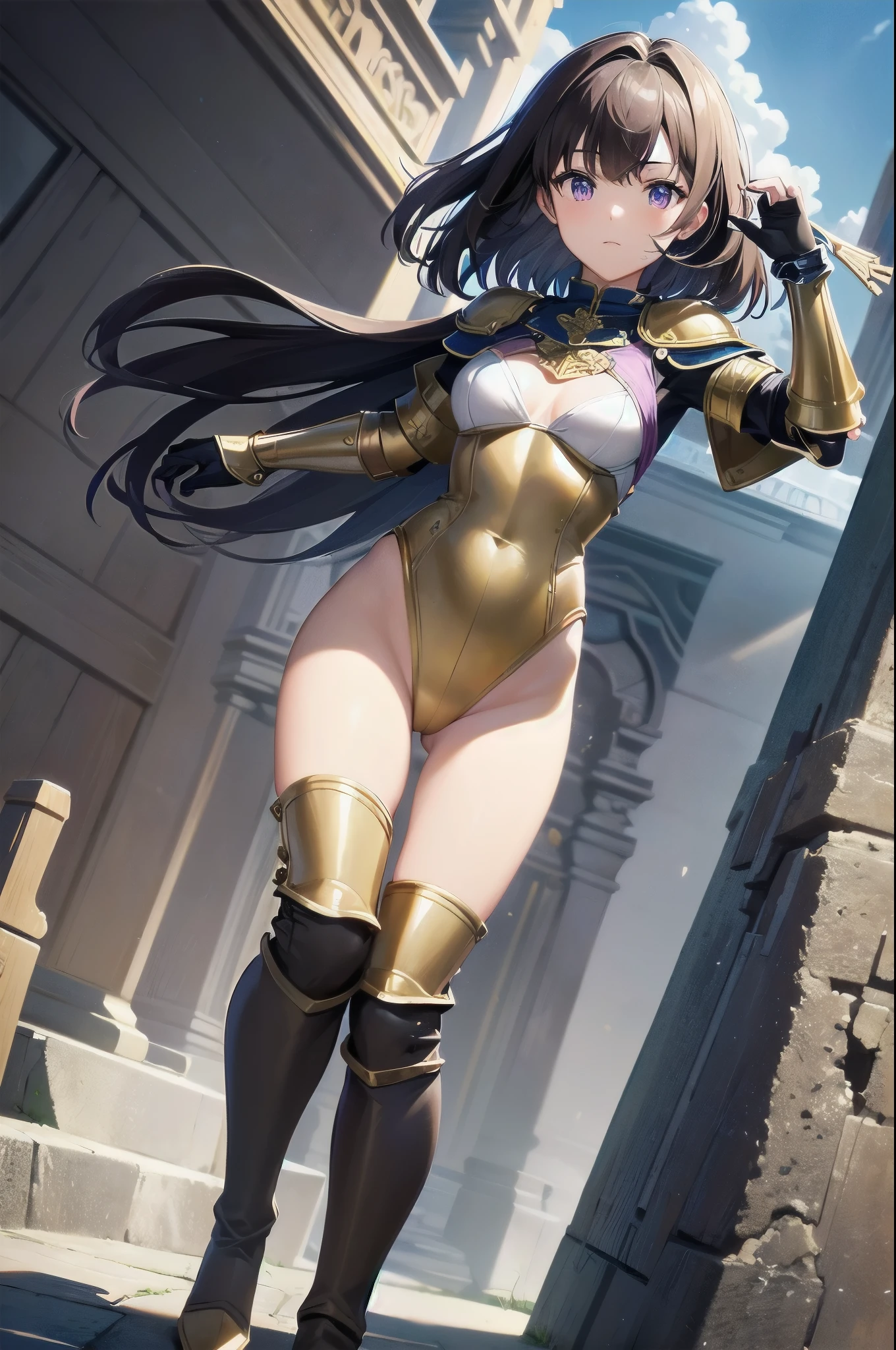masterpiece, best quality, 1girl, 22 years old, brown hair, (wavy hair, short hair), gold headband, purple eyes, (gold medieval armor), (eagle (symbol) on chest), gauntlets, ((leotard, matching leotard, bare legs)), (thighhigh leggings, boots, matching boots), standing, (holding broad sword), mountain base backdrop, (ruined castle, ruins), solo, solo focus, (perfect anatomy), (full body shot), cowboy shot, beautiful detailed eyes