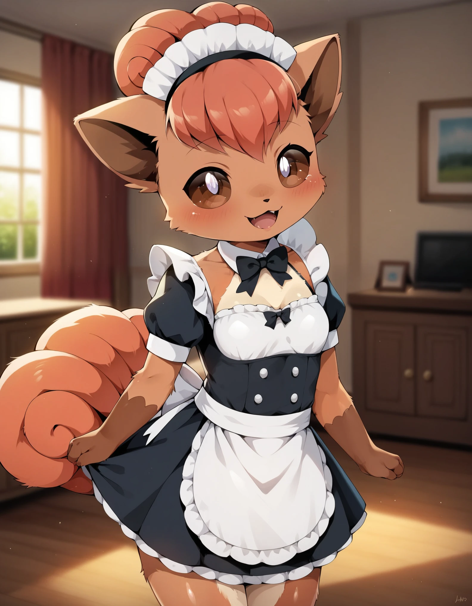 score_9, score_8_up, score_7_up, score_6_up,  rating_questionable, anthro, (furry, anthro:1.2) (detailed fluffy fur), solo, furry female, pokemon (creature),,vulpix , cute, ,pokemon, (small breasts), ,cute, cute eyes, cute head), (beautifully detailed face, oily shiny skin), (detailed eyes, sharp eyes, clear pupils:0.8), masterpiece, happy, hands empty, smile,mouth, background living room,house,dressed, wear maid outfit, 