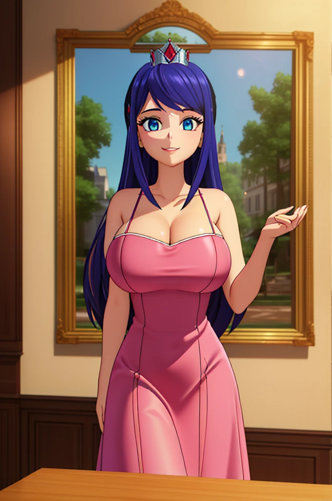 (8k, RAW photo, best quality, masterpiece:1.2), (intricate details), perfect eyes, perfect face, perfect lighting, beautiful, (masterpiece:1.2), (best quality:1.2), 1girl, solo, marinette, blue hair, (( loosen hair)), adult torso, 19 years old, slight smile, huge sized breasts, (sparkling red princess dress), 3DMM, front view, 