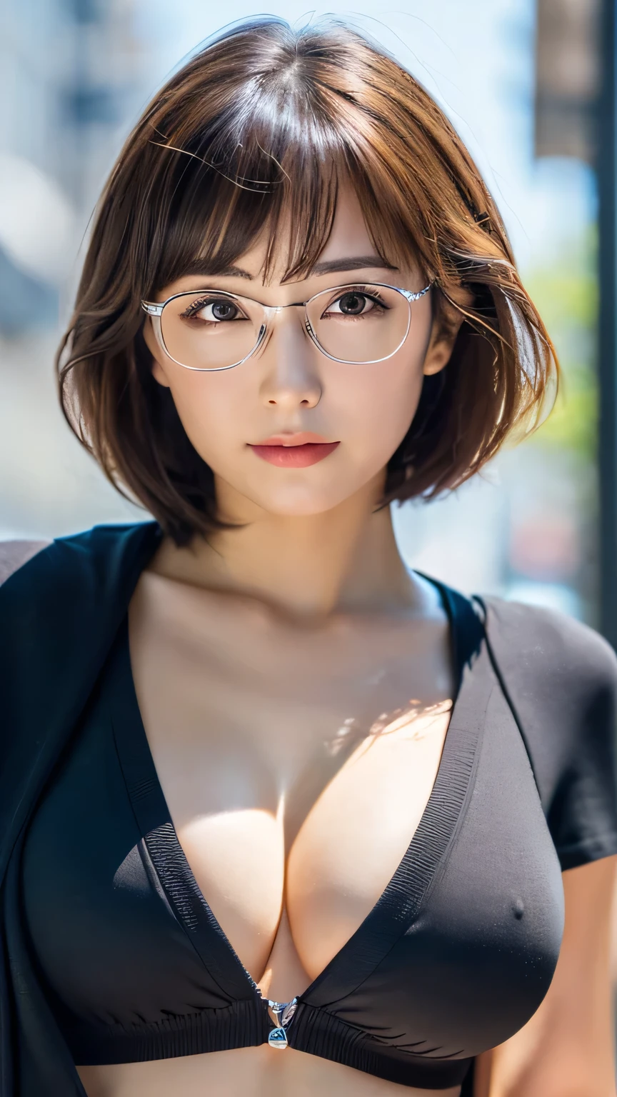 Short Bob、whole body、Look forward、sexy、Inconspicuous、quiet、beautiful girl、Japanese、Beautiful breasts、suit、Round face、thin, Round glasses with silver rim、job hunting、Big Breasts,Ultra-Realistic Capture, Very detailed, High resolution 16K human skin close-up. Skin texture must be natural, So detailed that even pores can be distinguished. Skin should look healthy, In a unified tone. Use natural light and color,(RAW Photos, highest quality), highest quality, Very detailed, masterpiece, Super detailed