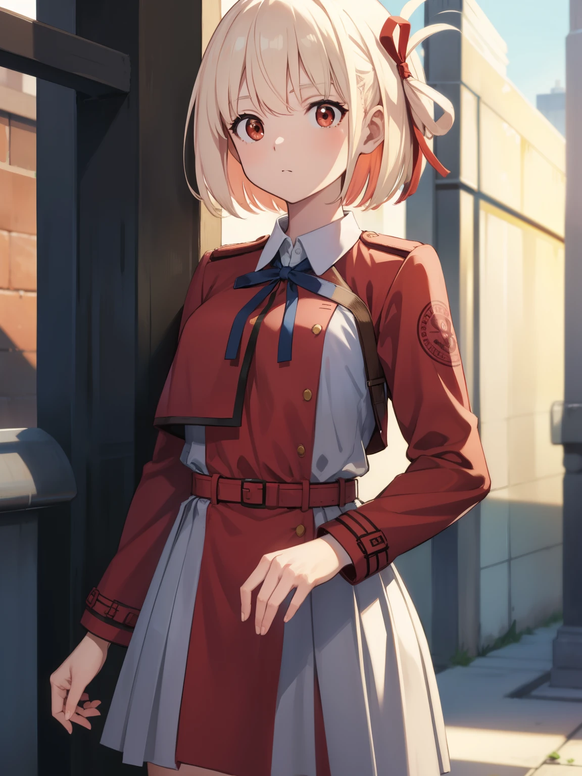 chisatonishikigi, nishikigi chisato, short hair, bangs, blonde hair, (red eyes:1.5), hair ribbon, one side up, bob cut,
BREAK shirt, long sleeves, dress, ribbon, white shirt, collared shirt, belt, neck ribbon, red dress, blue ribbon, pleated dress, grey dress, two-tone dress, red belt, lycoris uniform,,
BREAK outdoors, city,
BREAK looking at viewer, BREAK (masterpiece:1.2), best quality, high resolution, unity 8k wallpaper, (illustration:0.8), (beautiful detailed eyes:1.6), extremely detailed face, perfect lighting, extremely detailed CG, (perfect hands, perfect anatomy),