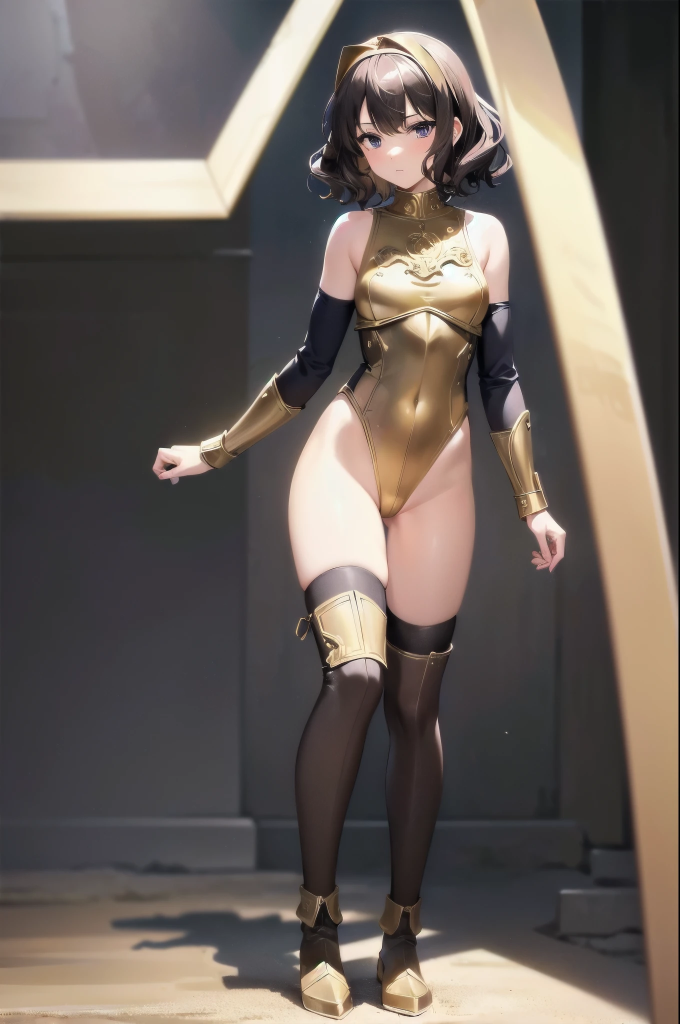 masterpiece, best quality, 1girl, 22 years old, brown hair, (wavy hair, short hair), gold headband, purple eyes, (gold medieval armor), (eagle (symbol) on chest), gauntlets, ((leotard, matching leotard, bare legs)), (thighhigh leggings, boots, matching boots), standing, (holding broad sword), mountain base backdrop, (ruined castle, ruins), solo, solo focus, (perfect anatomy), (full body shot), cowboy shot, beautiful detailed eyes