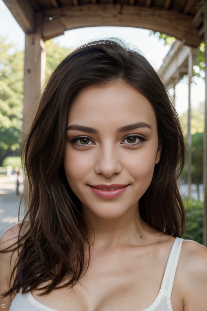 25 ans, brune, yeux marrons, delicate, professional light, flash lit, cheveux de longueur moyenne, grains de beauté, sourire romantique, Seductive look, bonne couverture, éclairée par les flashs des photographes, skin details, pores de la peau, visage fin, cheveux long, yeux marrons, HD, 8K, masterpiece, sourire romantique, sexy, fashion clothes, school girl cosplay, dans un parc