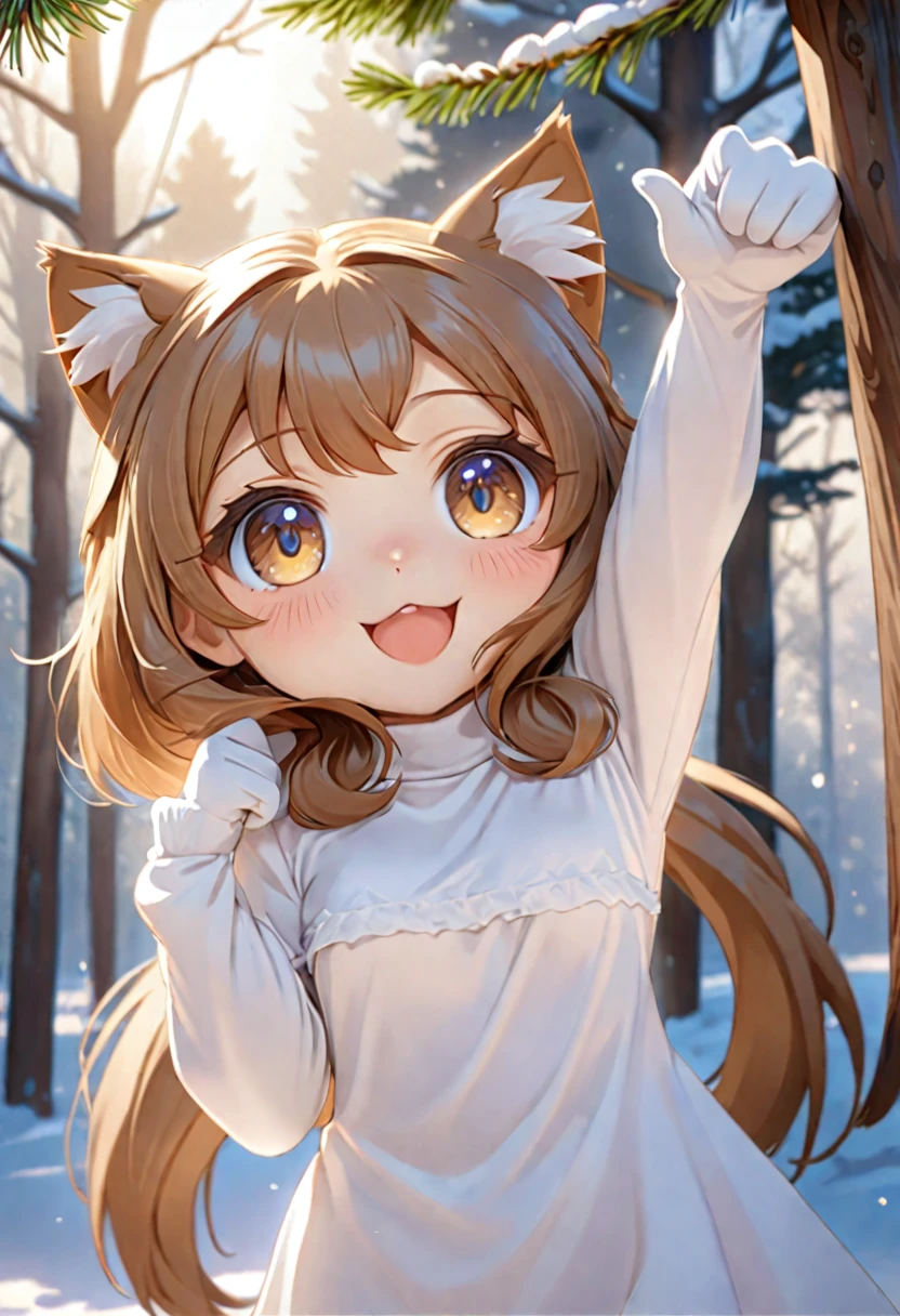 cat girl, chibi, in a brown horse costume, horse head cap, print on clothes, there is a bell on the neck, reaches for the sign, which hangs on a winter tree, pine tree, Rendering, Anime background art, pixiv contest winnerAnime girl with cat ears cute!! chibi!!! cat girl, милый anime cat girl, with index finger, Nekomimi, anime cat girl!, cat girl, furry фураффинность, masterpiece, top quality, Best quality, official art, Beautiful and aesthetically pleasing:1.2), 2D, (Best quality, masterpiece), anime, (very detailed face), (very detailed eyes), White background, Ideal lighting, (highly detailed brown horse costume), (очень детализированная horse head cap)