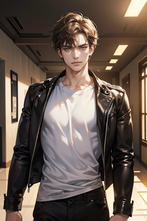 (tmasterpiece, high resolution, ultra - detailed:1.0), (1male, masculine face), Perfect male body, Adult male, Delicate eyes and delicate face, Extremely detailed CG, Unity 8k wallpaper, Complicated details, Detailed face, (brown hair, messy hair, serious faces, white T-shirt,Bad students), (frown,evil smile:1.3), Standing in school corridor,black leather jacket, color difference, Depth of field, dramatic shadow, Ray tracing, Best quality, Cinematic lighting, offcial art,Portrait