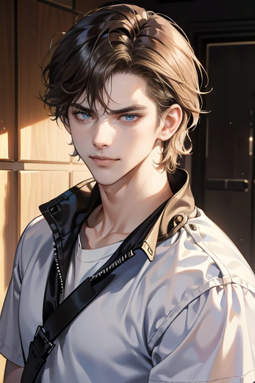 (tmasterpiece, high resolution, ultra - detailed:1.0), (1male, masculine face), Perfect male body, Adult male, Delicate eyes and delicate face, Extremely detailed CG, Unity 8k wallpaper, Complicated details, Detailed face, (brown hair, messy hair, serious faces, white T-shirt,Bad students), (frown,evil smile:1.3), Standing in school corridor,black leather jacket, color difference, Depth of field, dramatic shadow, Ray tracing, Best quality, Cinematic lighting, offcial art,Portrait