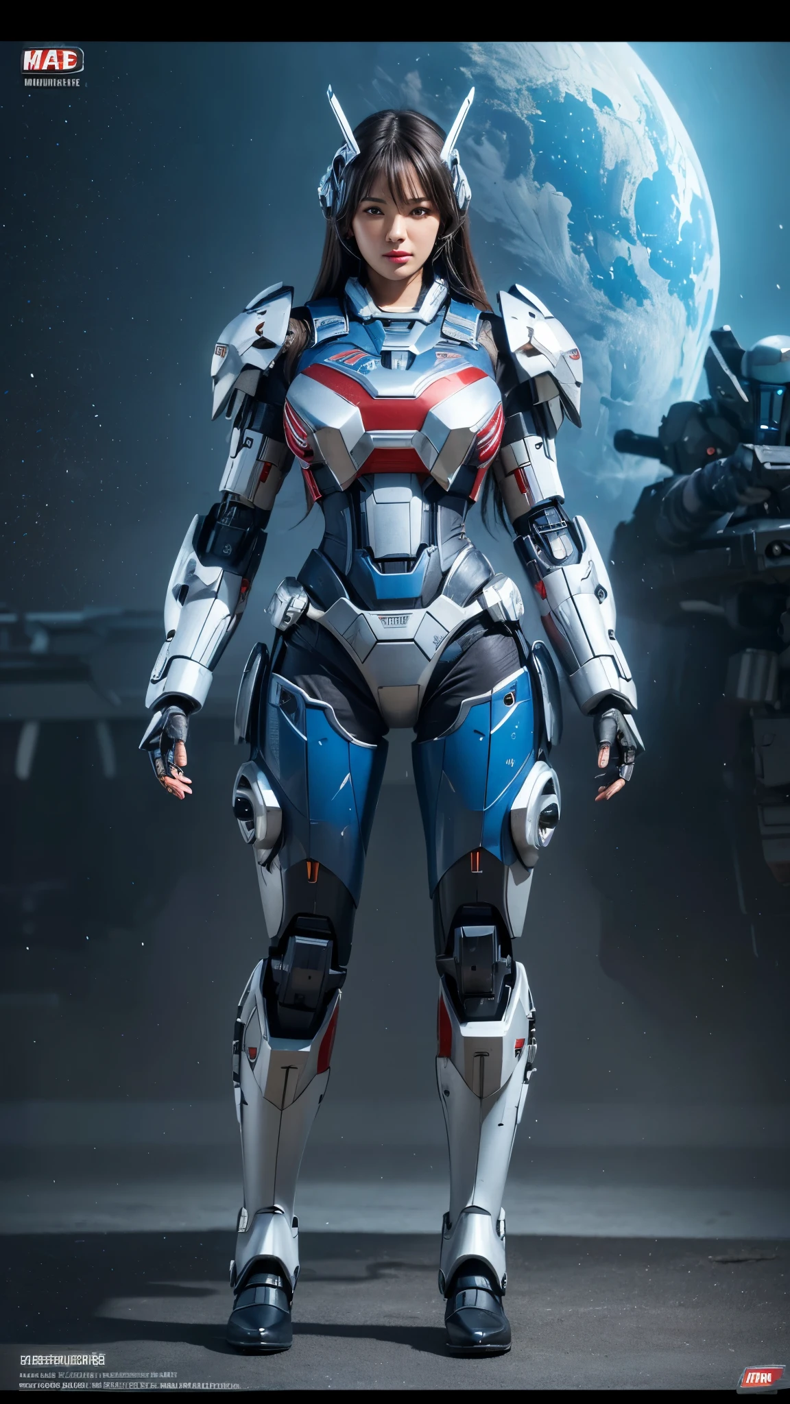 Very detailed, Advanced Details, high quality, Better Quality, High resolution, 1080p, hard disk, beautiful,(Iron Patriot),beautiful,Machine Gun,Mecha Cyborg ,Battle Mode, machinewith body,She wears a futuristic Iron Patriot mech,Full Body Shot