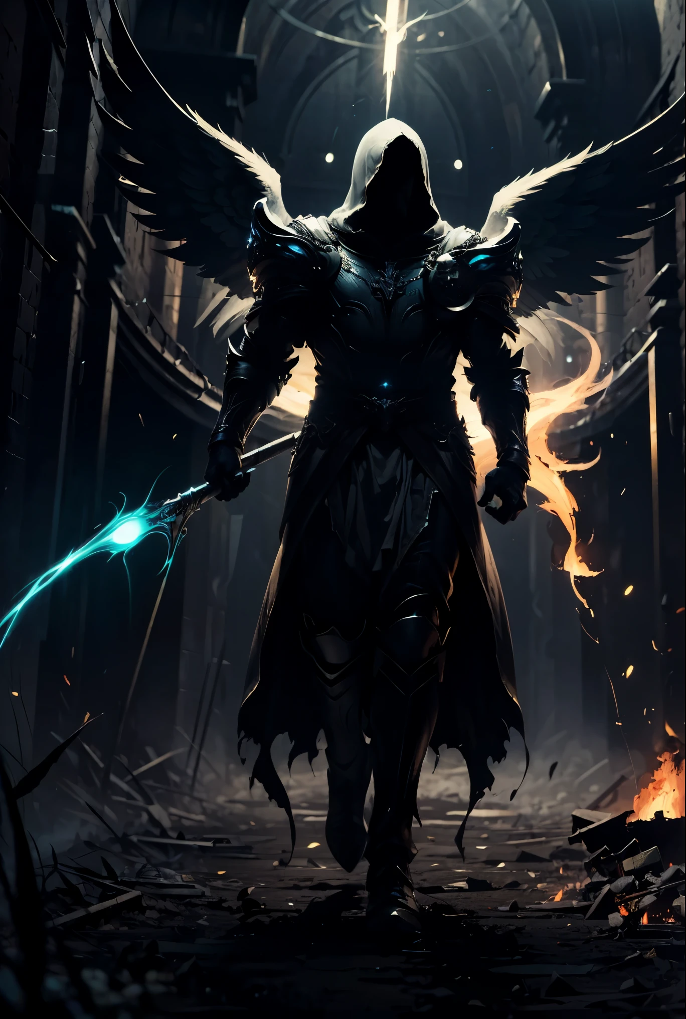 male, (((mysterious))), glowing eyes, hooded angel, (((holding a book))), battle archangel, angel white robes, holly light, energy, fire sword, field day background,