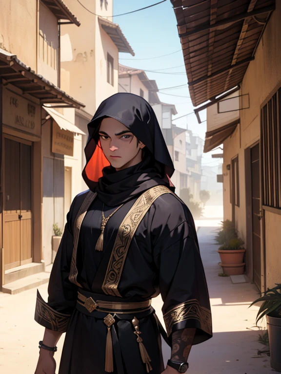 (absurdos, high resolution, ultra detalhado), 1 homem, adulto, bonito, cara alto e musculoso, ombros largos, olhos finamente detalhados e rosto detalhado, deserto, corpo todo, Middle Eastern clothing, cabelo preto curto, olhos castanhos, focado na cena, a guy starting the journey
