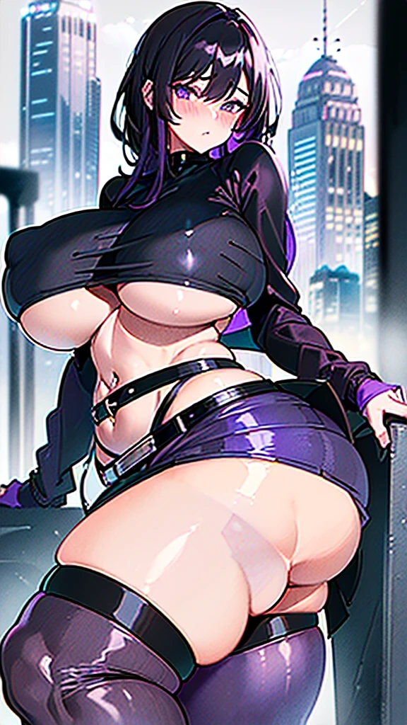 1990s, (masterpiece), high-definition, detailed face, cute girl, perfect body, (big tits: 1.4) big hips, round ass, (black hair with dark purple highlights: 1.4), (tight grey t-shirt: 1.4), (black jacket: 1.4), (purple tight skirt: 1.3), belt, (black thong: 1.2), thigh high stockings, boots, fishnet, pin-up pose, balcony