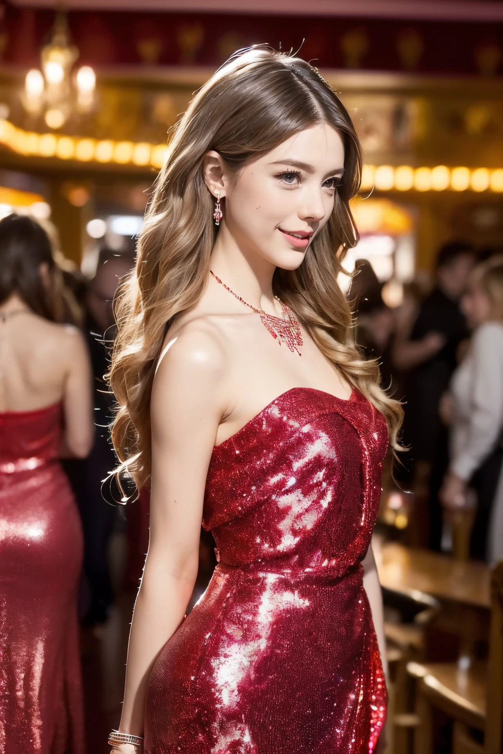 ((((8K))),((Really meticulous CG)) ,(wallpaper),16,000,((Incredibly stylish and beautiful)),(((masterpiece))),(((best quality))),(((초high resolution))),A beautiful light came on,perfect lightning,Realistic Shading,(high resolution),(Smooth, flawless, fair skin:1.5),(pale skin:1.3),(Very exquisite facial details:1.3),(perfect body:1.1),(very detailed),Beautiful girl,alone,small head,(earring:1.2),(Crystal Necklace:1.2),(long wavy hair:1.2),(small face:1.2),(happy:1.2),(laugh:1.2),(:1.2),(flat chest:1.2),(slim,thin),(maxi strapless red sparkle dress:1.5),(stockings:1.5),(high heel:1.2),(night view:1.5),(inside:1.2),(glimmering:1.3),(pink neon light:1.3),(In the pub:1.3),(Many wine bottles in wine cabinet:1.3),(goblet:1.2),(detailed background:1.5),(standing:1.3),(arms back:1.3),(upper body:1.2),(lively festival atmosphere:1.3),(surrounded by a crowded crowd:1.5), (from side)