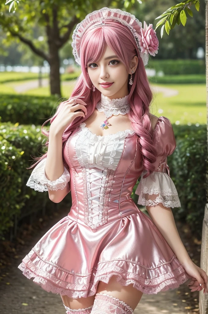 sexy stylish Swedish model, only 1 female, ((doll-like appearance)), long neon pink stylish hair, ((shiny Victorian-Style boots)), (big smile), very detailed eyes, very detailed eye makeup, lipgloss, long lashes, defined eyebrows, ((sexy Paradise Kiss cosplay)), bell-shaped skirt, petticoats, high neckline, puffed sleeves, (( ultra detailed lace)), ((ultra detailed embroidery)), intricate details, Paradise Kiss accessoires and matching headpiece, choker, ((large sparkling Paradise Kiss jewelry)), cinematic light, detailed large park background with trees