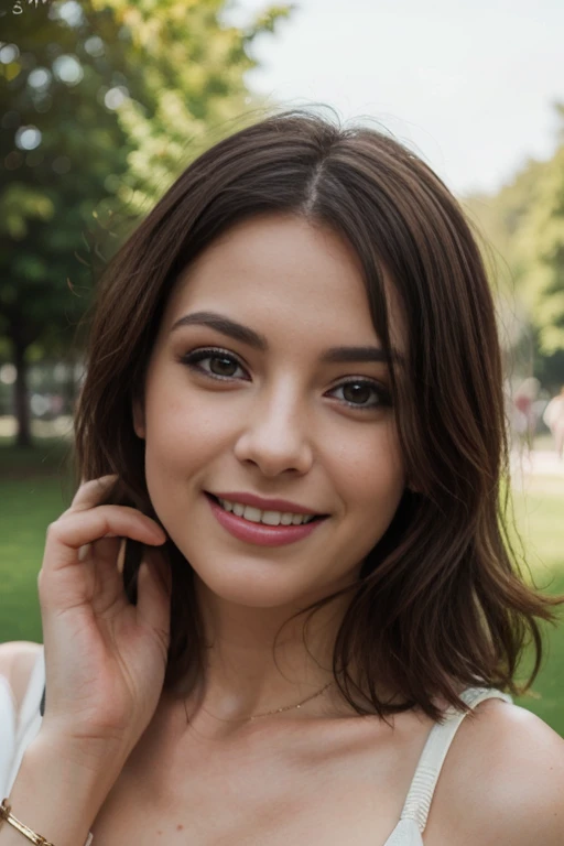 25 ans, brune, yeux marrons, delicate, professional light, flash lit, cheveux de longueur moyenne, grains de beauté, sourire romantique, Seductive look, bonne couverture, éclairée par les flashs des photographes, skin details, pores de la peau, visage fin, cheveux long, yeux marrons, HD, 8K, masterpiece, sourire romantique, sexy, fashion clothes, dans un parc