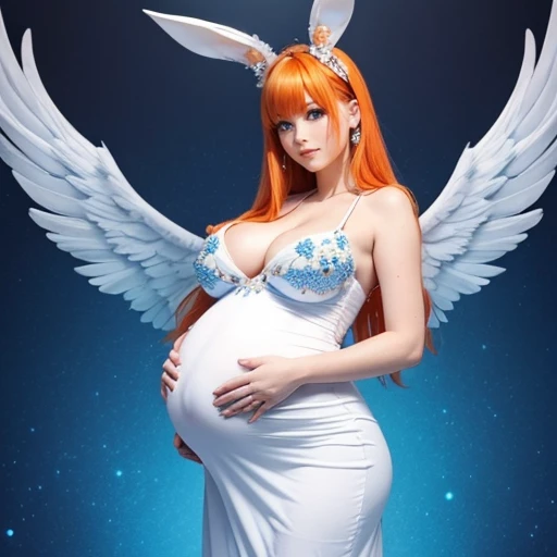 Beautiful pregnant female angel, elegant detailed and tight white dress with blue details, blue gems, mature, bunny ears, orange hair, piercing blue eyes, wants to have sex with me, cleavage, fully body shot, angel wings, in the air, flying