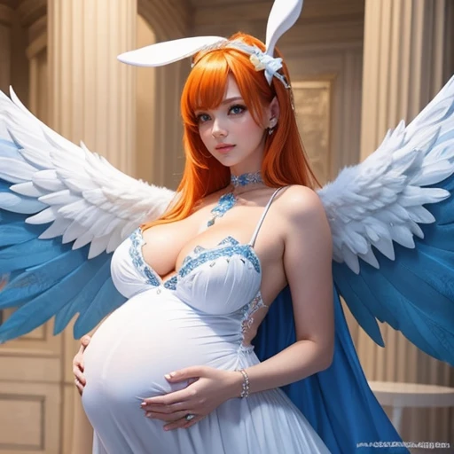 Beautiful pregnant female angel, elegant detailed and tight white dress with blue details, blue gems, mature, bunny ears, orange hair, piercing blue eyes, wants to have sex with me, cleavage, fully body shot, angel wings, in the air, flying 