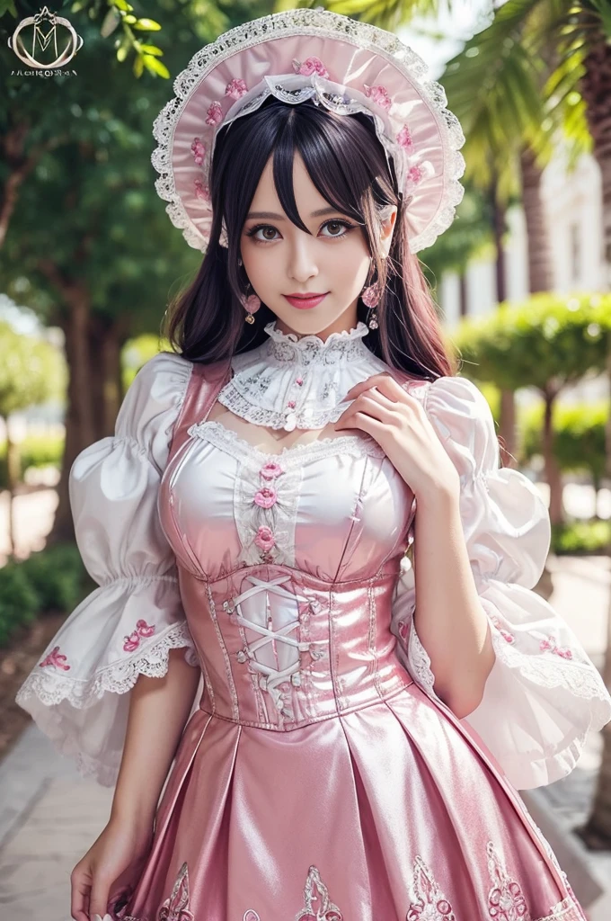 sexy stylish Swedish model, only 1 female, ((doll-like appearance)), long neon pink stylish hair, ((shiny Victorian-Style boots)), (big smile), very detailed eyes, very detailed eye makeup, lipgloss, long lashes, defined eyebrows, ((sexy Paradise Kiss cosplay)), bell-shaped skirt, petticoats, high neckline, puffed sleeves, (( ultra detailed lace)), ((ultra detailed embroidery)), intricate details, Paradise Kiss accessoires and matching headpiece, choker, ((large sparkling Paradise Kiss jewelry)), cinematic light, detailed large park background with trees