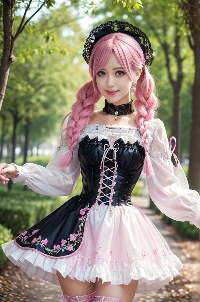 sexy stylish Swedish model, only 1 female, ((doll-like appearance)), long neon pink stylish hair, ((shiny Victorian-Style boots)), (big smile), very detailed eyes, very detailed eye makeup, lipgloss, long lashes, defined eyebrows, ((sexy Paradise Kiss cosplay)), bell-shaped skirt, petticoats, high neckline, puffed sleeves, (( ultra detailed lace)), ((ultra detailed embroidery)), intricate details, Paradise Kiss accessoires and matching headpiece, choker, ((large sparkling Paradise Kiss jewelry)), cinematic light, detailed large park background with trees
