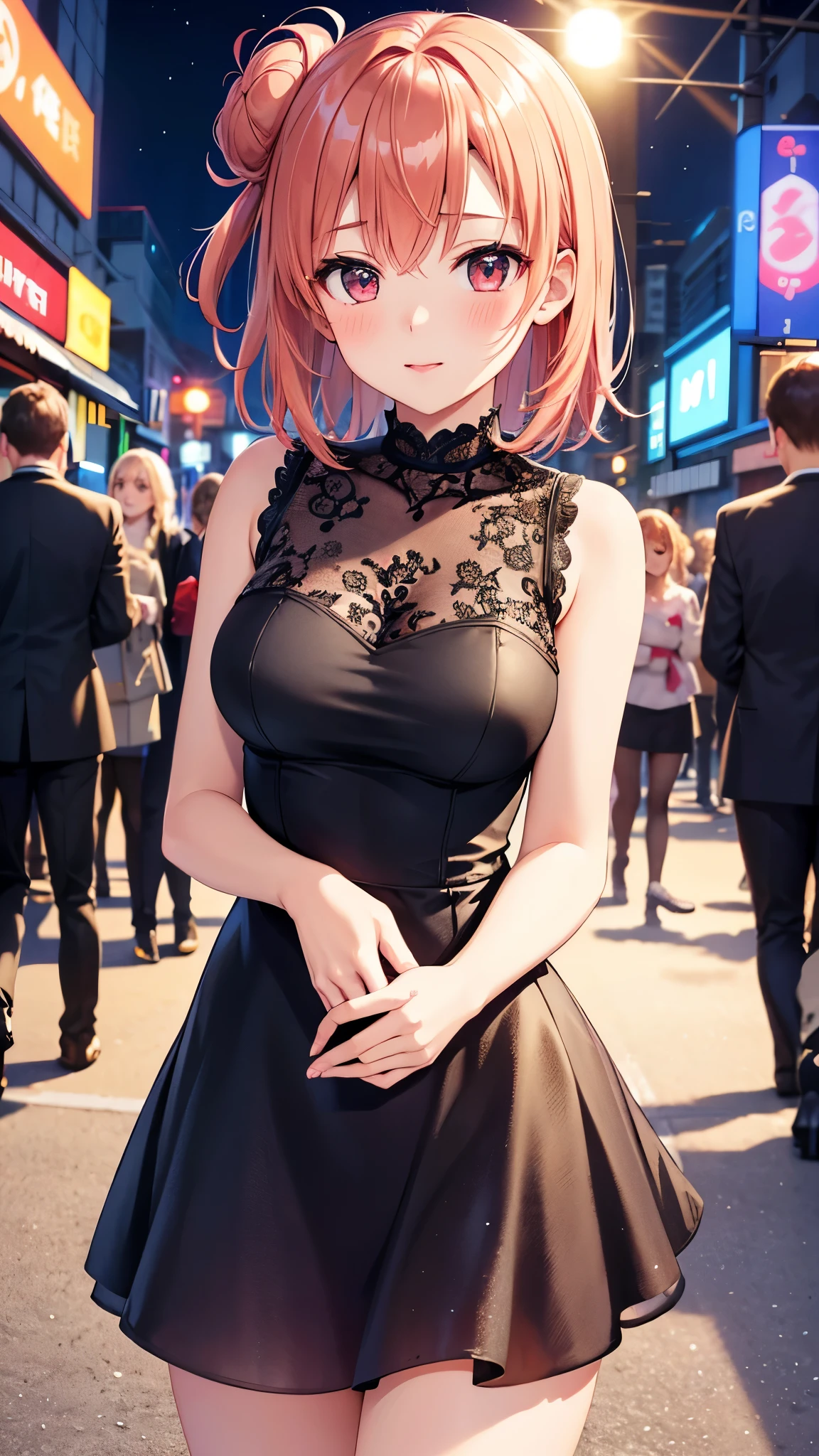 1girl, solo, masterpiece, best quality, high res, highly detailed, illustration, game cg, beatiful detailed eyes, yuigahama yui, single hair bun, glossy lips, light makeup, blush, slight smile, medium breasts, city street, short dress, prom dress, night, neon lights, red carpet, crowd