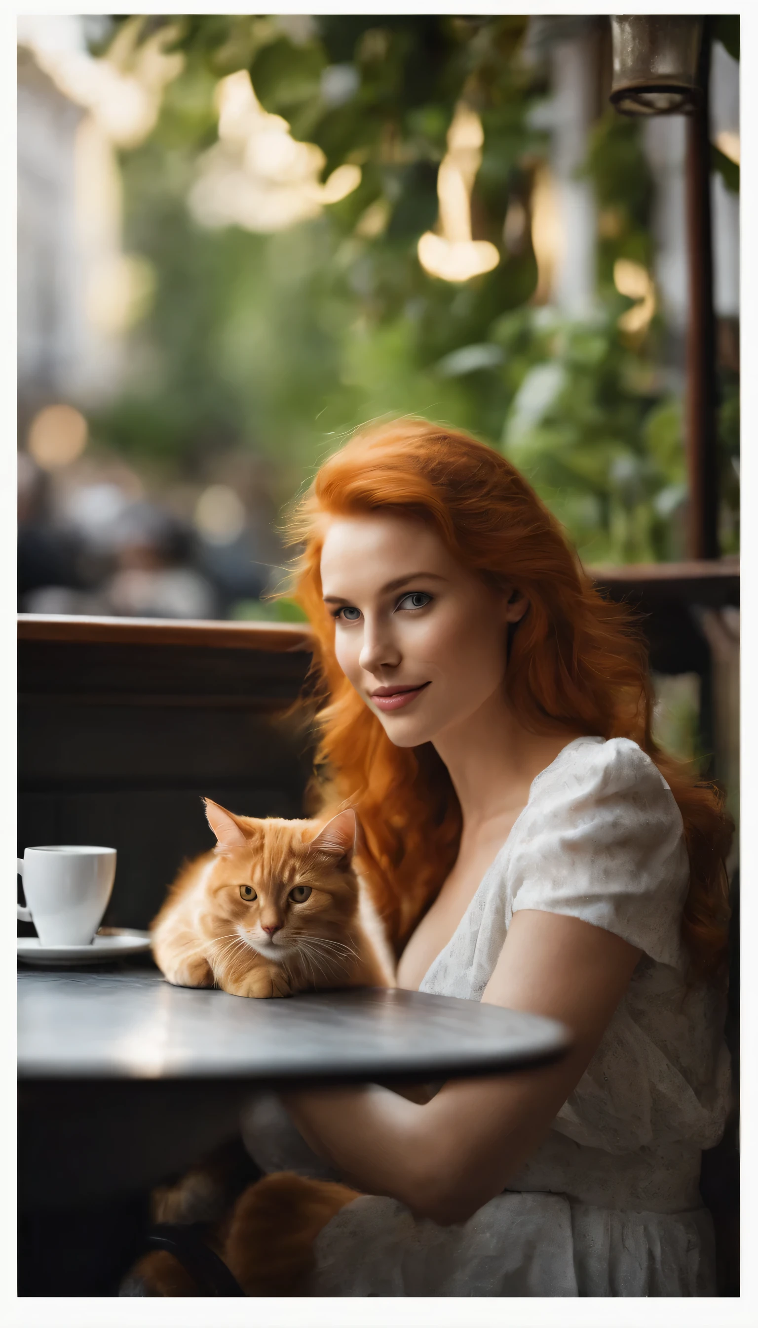Obra de arte, uma foto profissional de uma mulher sexy na casa dos 20 anos, com longos cabelos ruivos ondulados e soltos, com um gato chartreux no colo, ruiva, sorrindo levemente, she's wearing a white blouse, sitting in a cafe outside in Lisbon Portugal, Erotic model, large cup of coffee with milk on the table, (pele texturizada, poros da pele:1.1), (Gato cinzento em seu colo, Gato Chartreaux:1.1), pele imperfeita, arrepio, flawless face, (sardas claras:0.9),