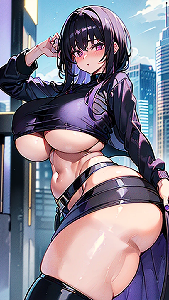 1990s, (masterpiece), high-definition, detailed face, cute girl, perfect body, (big tits: 1.4) big hips, round ass, (black hair with dark purple highlights: 1.4), (tight grey t-shirt: 1.4), (black jacket: 1.4), (purple tight skirt: 1.3), belt, (black thong: 1.2), thigh high stockings, boots, fishnet, pin-up pose, balcony