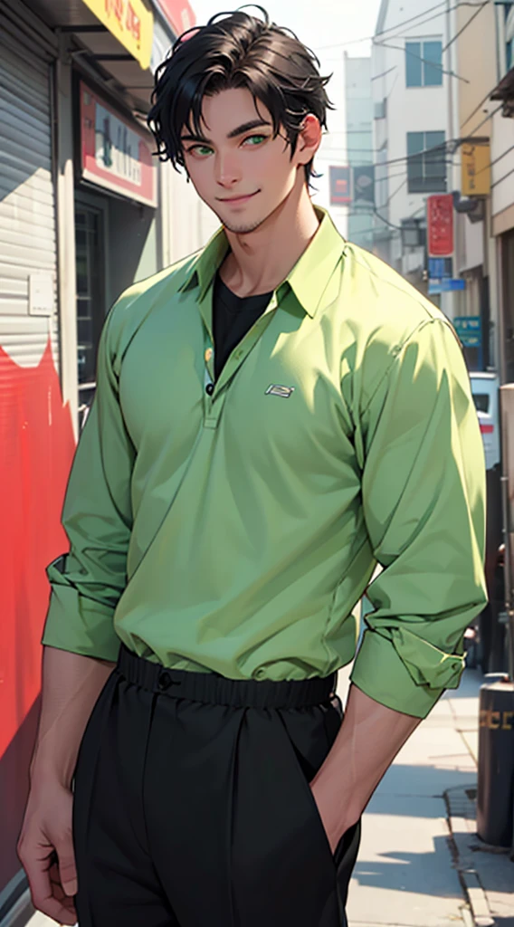 A very handsome white man with short black hair and green eyes is facing me in casual clothes (best quality ultra HD 8K, he is giving a slight smile. The image must show the entire body