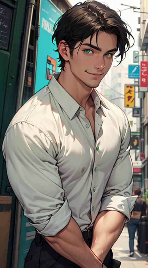 A very handsome white man with short black hair and green eyes is facing me in casual clothes (best quality ultra HD 8K, he is giving a slight smile. The image must show the entire body