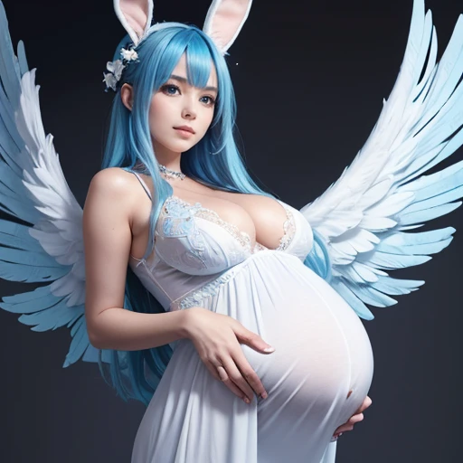 Beautiful pregnant female angel, elegant detailed and tight white dress with blue details, blue gems, mature, bunny ears, blue hair, piercing blue eyes, wants to have sex with me, cleavage, fully body shot, angel wings