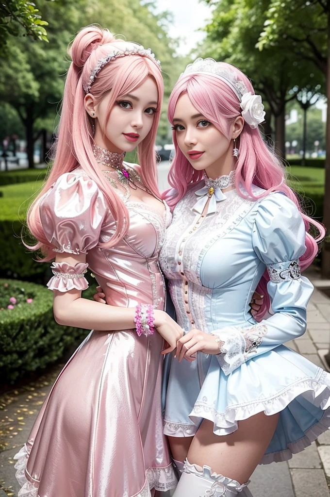(nsfw), sexy stylish Swedish model, only 1 female, ((doll-like appearance)), short neon pink stylish hair, ((shiny Victorian-Style boots)), (big smile), ultra detailed eyes, vivid eye makeup, lipgloss, long lashes, defined eyebrows, ((sexy Paradise Kiss cosplay)), bell-shaped skirt, petticoats, high neckline, puffed sleeves, ((ultra detailed lace)), ((ultra detailed embroidery)), intricate details, Paradise Kiss accessoires and matching headpiece, choker, ((large sparkling Paradise Kiss jewelry)), cinematic light, detailed large park background with trees