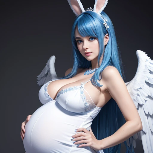 Beautiful pregnant female angel, elegant detailed and tight white dress with blue details, blue gems, mature, bunny ears, blue hair, piercing blue eyes, wants to have sex with me, cleavage, fully body shot, angel wings