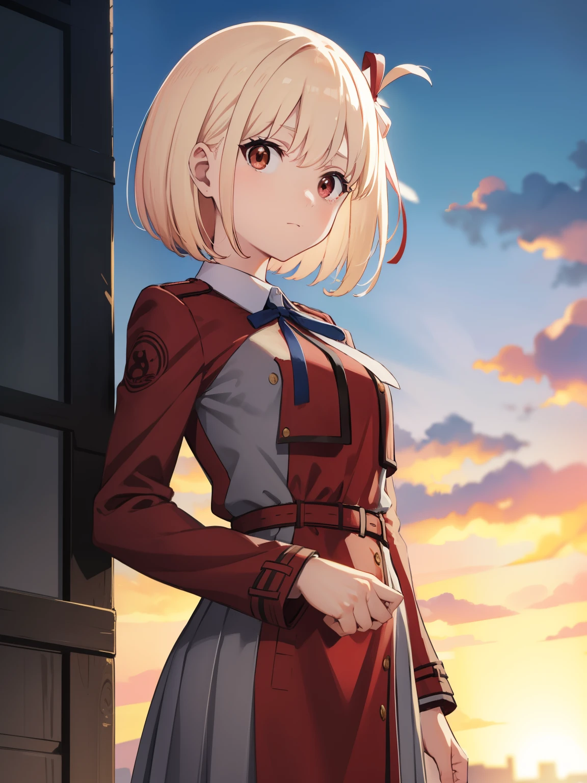 chisatonishikigi, nishikigi chisato, short hair, bangs, blonde hair, (red eyes:1.5), hair ribbon, one side up, bob cut,
BREAK shirt, long sleeves, dress, ribbon, white shirt, collared shirt, belt, neck ribbon, red dress, blue ribbon, pleated dress, grey dress, two-tone dress, red belt, lycoris uniform,,
BREAK outdoors, city,
BREAK looking at viewer, BREAK (masterpiece:1.2), best quality, high resolution, unity 8k wallpaper, (illustration:0.8), (beautiful detailed eyes:1.6), extremely detailed face, perfect lighting, extremely detailed CG, (perfect hands, perfect anatomy),