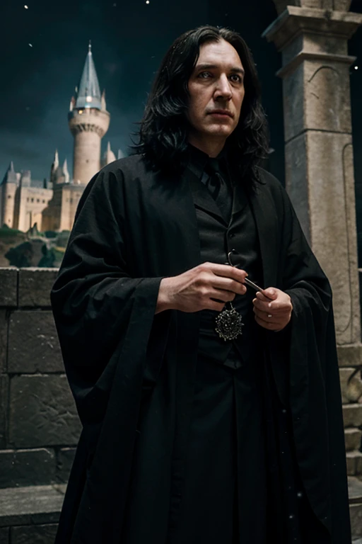 Severus snape with the face of jon snow dressed elegantly with a magic wand pointing to the sky and in the sky light of revenge and in the background a Hogwarts style castle but in Quetzalcoatl style