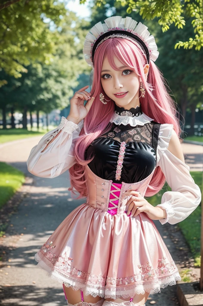 sexy stylish Swedish model, only 1 female, ((doll-like appearance)), long neon pink stylish hair, ((shiny Victorian-Style boots)), (big smile), very detailed eyes, vivid eye makeup, lipgloss, long lashes, defined eyebrows, ((sexy Paradise Kiss cosplay)), bell-shaped skirt, petticoats, high neckline, puffed sleeves, (( ultra detailed lace)), ((ultra detailed embroidery)), intricate details, Paradise Kiss accessoires and matching headpiece, choker, ((large sparkling Paradise Kiss jewelry)), cinematic light, detailed large park background with trees 