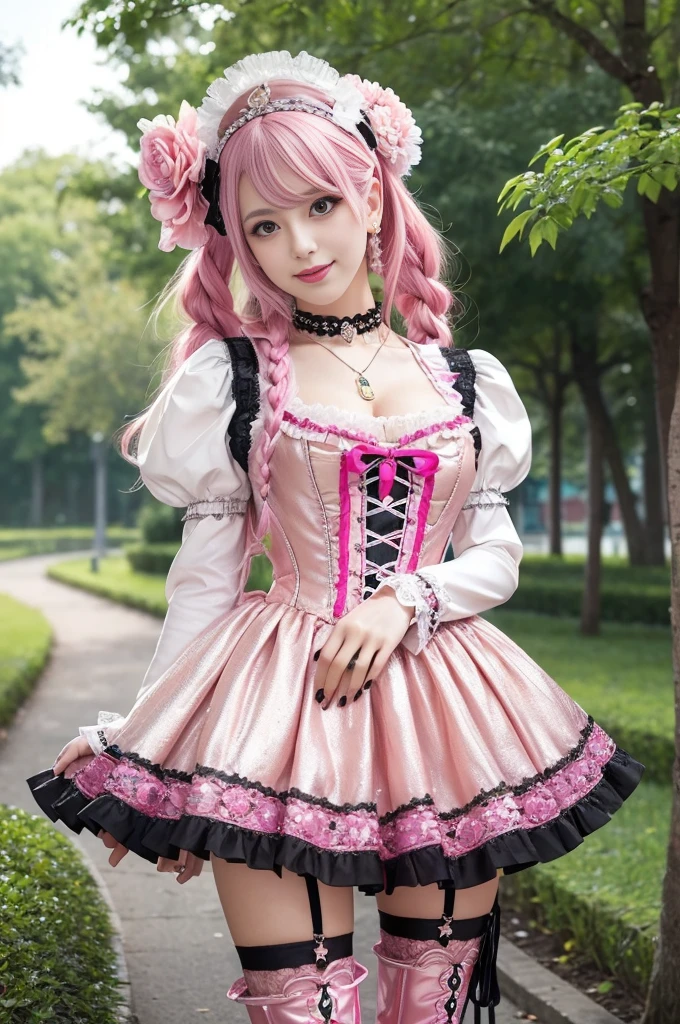 sexy stylish Swedish model, only 1 female, ((doll-like appearance)), long neon pink stylish hair, ((shiny Victorian-Style boots)), (big smile), very detailed eyes, vivid eye makeup, lipgloss, long lashes, defined eyebrows, ((sexy Paradise Kiss cosplay)), bell-shaped skirt, petticoats, high neckline, puffed sleeves, (( ultra detailed lace)), ((ultra detailed embroidery)), intricate details, Paradise Kiss accessoires and matching headpiece, choker, ((large sparkling Paradise Kiss jewelry)), cinematic light, detailed large park background with trees 