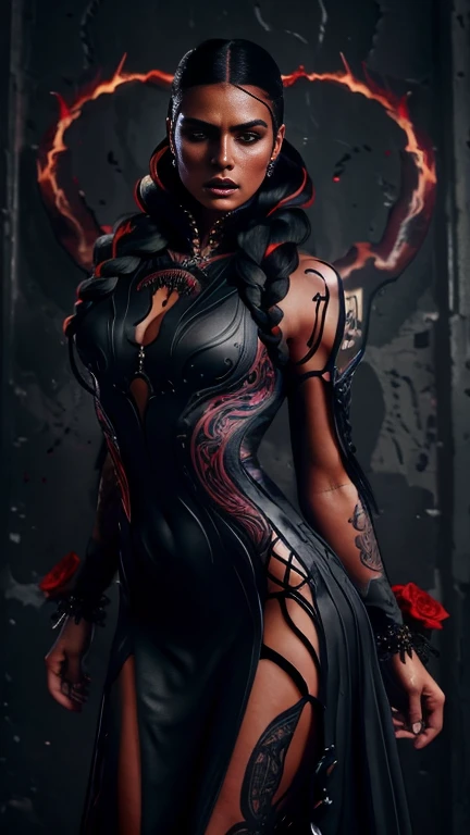 4k realistic ultra detailed photography of an athletic demonic woman, demonic woman wearing a maxi leather dress, hairstyle is a crazy braided hairstyle, demonic woman in a menacing moving standing model pose, photo background is a wall of smoke with black roses coming out of it, mood of the photography is gloomy, big lots of fiery tattoos