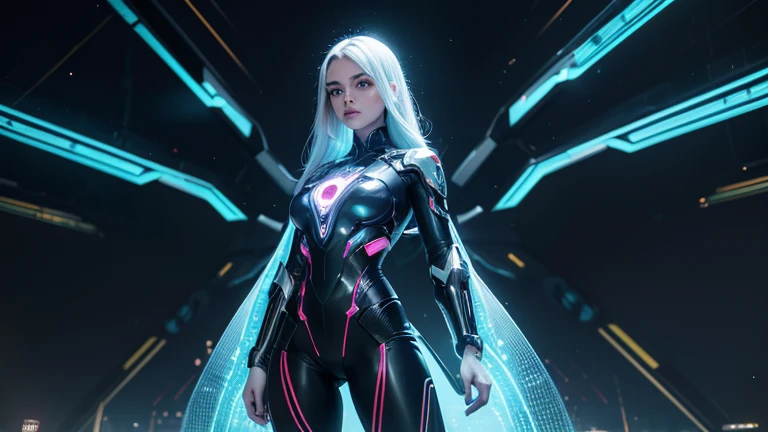 Claro, here is a description in English to create an image of a cyber woman:
"In a neon-lit metropolis of the future, amidst the hum of machinery and the glow of holographic advertisements, stands a figure that seamlessly blends human elegance with cybernetic prowess. Her metallic skin shimmers with a sleek, silver sheen, adorned with intricate circuitry that pulses with electric energy beneath the surface. Eyes aglow with the soft luminescence of LEDs, they reflect both the wisdom of centuries and the curiosity of a newborn. Long, flowing strands of synthetic hair cascade down her back, woven with strands of fiber optics that gleam with every movement. Each limb is a marvel of engineering, a fusion of sinew and steel, capable of feats beyond human capability. Yet, amidst her technological marvel, there is an undeniable aura of grace and poise, a testament to the enduring spirit of humanity in an age of machine. She stands as a beacon of the future, a symbol of the endless possibilities that await in the ever-evolving landscape of tomorrow."